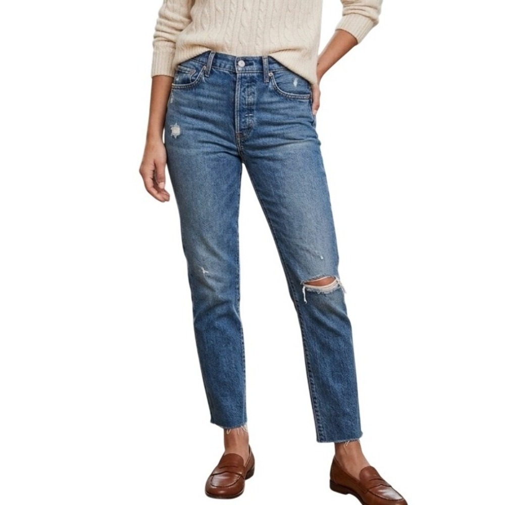 GRLFRND Karolina High Rise Skinny Jeans Sixpence Blue Distressed Raw Hem Size 28